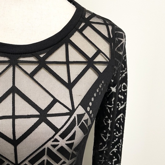 Nicole Miller Sheer Mesh Geometric Long Sleeve Top - Picture 9 of 10